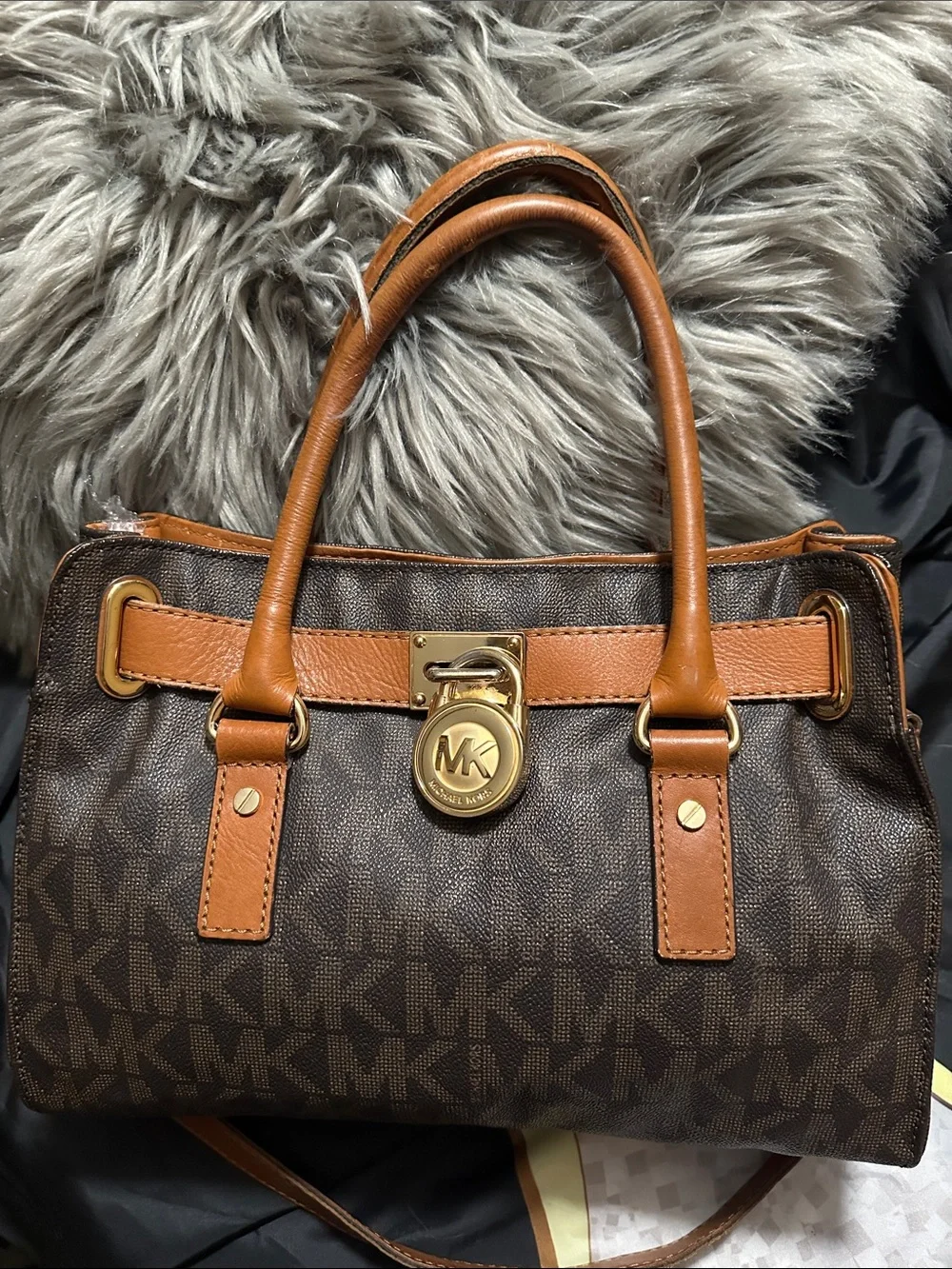 Michael Kors Brown & Cognac Logo Satchel with Gold Hardware